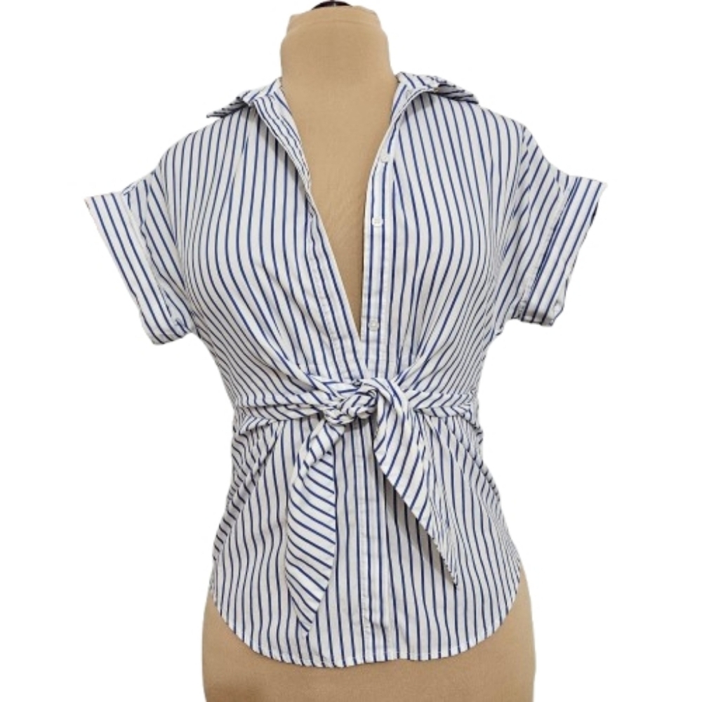 Lauren Ralph Lauren Blue White Stripe Wrap Blouse Short Sleeve XS Summer Resort - Picture 2 of 16
